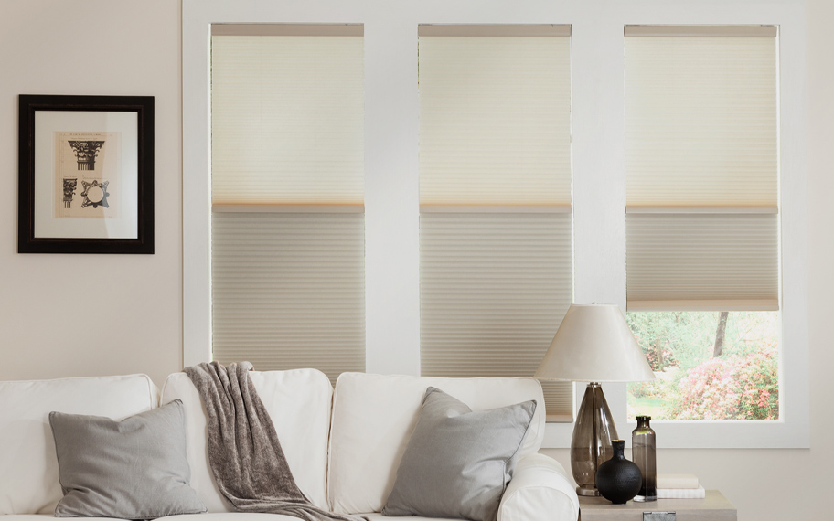 Beige cellular pull down shades in a living room